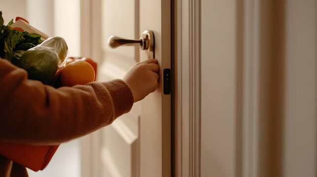 Person unlocking the front door with a bag full of fresh groceries after shopping. Bringing home the harvest of fresh produce for a healthy meal is a symbol of nourishment.