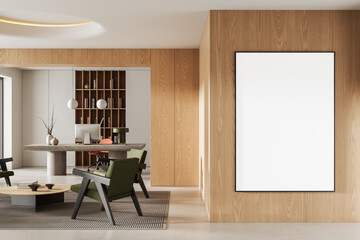 Modern interior design workspace with empty poster mockup on wooden wall in bright minimal office layout setting. 3D Rendering