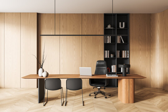 Modern wooden office interior with minimalist furniture and built-in shelving on chevron parquet flooring in warm neutral tones. 3D Rendering