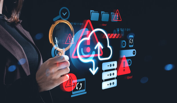 Woman analyzing cloud storage error and cybersecurity risk warni