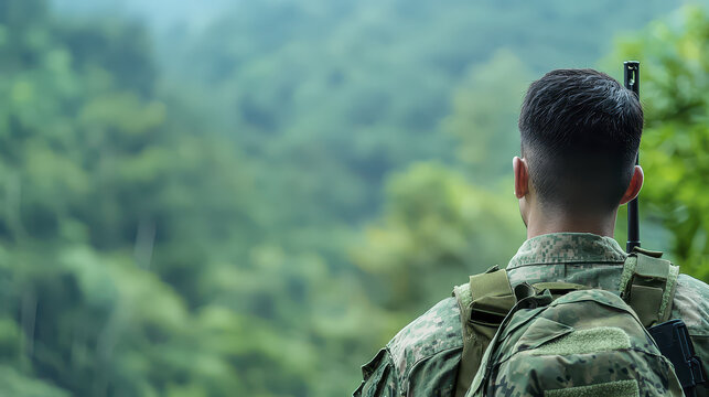 Soldier in military uniform stands in forest, observing surroundings with serious expression