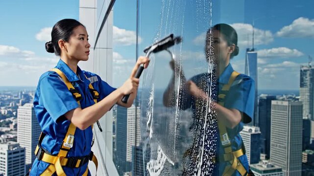 Woman high-rise window cleaner washing building facade. Commercial cleaning service for skyscraper windows with reflective surface. - Powered by Adobe