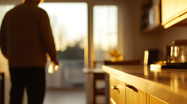 A man walks into a sunlit kitchen, holding a glass, with the morning light streaming through the window. The focus is on the warm-toned kitchen counter, setting a serene morning scene. - Powered by Adobe
