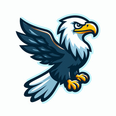 Eagle cartoon logo design on white background, cute mascot emblem, vector illustration of flying bird, modern animal symbol for branding and sports team identity