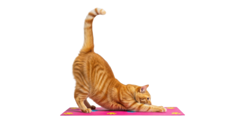 Red tabby cat stretching on a yoga mat isolated PNG with Transparent Background