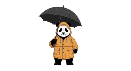 Cartoon panda bear in a raincoat holding an umbrella isolated PNG with Transparent Background