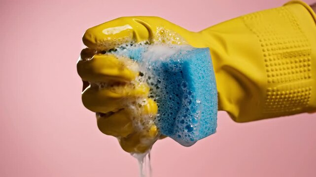 Hand in yellow glove squeezes blue sponge with white foam and water dripping. Concept of household chore, deep clean, and hygiene.