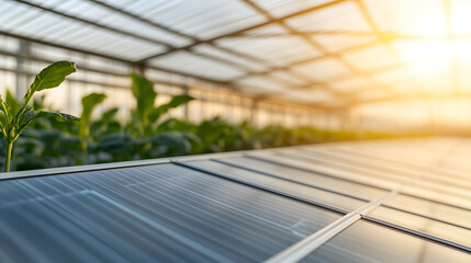 Greenhouse with solar panels harnessing sunlight. Sustainable agriculture uses renewable energy for efficient crop cultivation, creating a harmonious ecosystem for farming.
