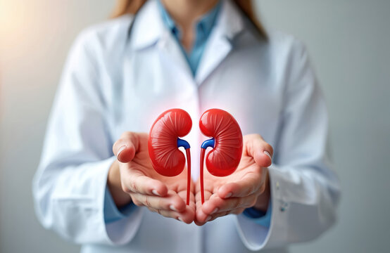 Doctor holds human kidneys in hands for organ donation or medical research. Healthcare pro offers internal body organs for transplant or study.