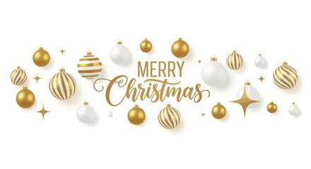 Elegant merry christmas greeting with gold and white ornaments and sparkling stars on a clean white background