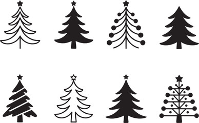 Christmas tree doodle icon set – hand-drawn evergreen pine trees in winter holiday style. Festive Xmas decoration symbols for greeting cards, stickers, crafts, and celebration designs. Vector illustra