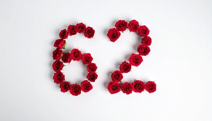 Obraz premium Number 62 made out of red roses with white background. Photo for birthday or anniversary party
