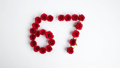 Number 67 made out of red roses with white background. Photo for birthday or anniversary party