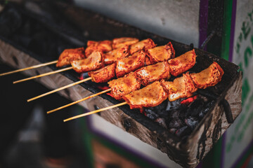Close Up of Grilled Tofu Satay Skewers on a Charcoal Grill