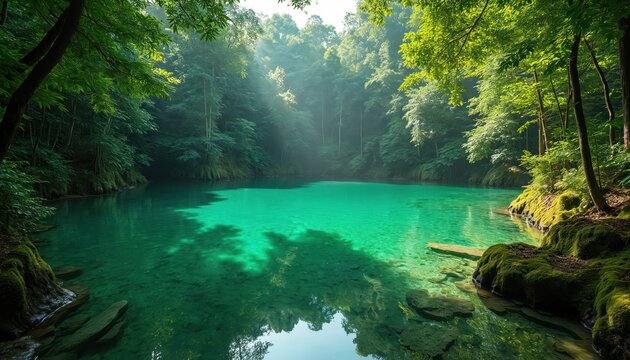 Emerald green lake surrounded by lush green tropical forest reflects sky. Sun rays filter through trees illuminating clear water. Nature landscape scenery environment background.