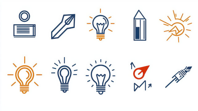 Minimalist line art icons featuring variety of creative symbols including light bulbs, pencils, and geometric shapes
