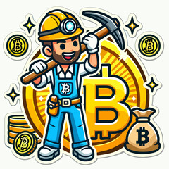 Guy Mines Bitcoin Logo Sticker Style on White Background – Cryptocurrency Miner Icon, BTC Mining Emblem, Digital Currency Vector Art for Crypto Enthusiasts and Blockchain Fans