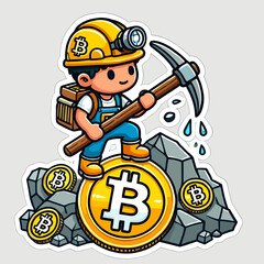 Guy Mines Bitcoin Logo Sticker Style on White Background – Cryptocurrency Miner Icon, BTC Mining Emblem, Digital Currency Vector Art for Crypto Enthusiasts and Blockchain Fans