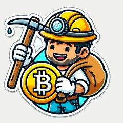 Guy Mines Bitcoin Logo Sticker Style on White Background – Cryptocurrency Miner Icon, BTC Mining Emblem, Digital Currency Vector Art for Crypto Enthusiasts and Blockchain Fans