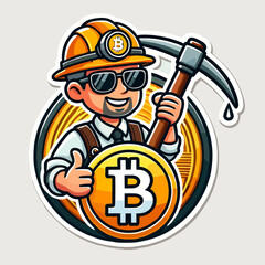 Guy Mines Bitcoin Logo Sticker Style on White Background – Cryptocurrency Miner Icon, BTC Mining Emblem, Digital Currency Vector Art for Crypto Enthusiasts and Blockchain Fans