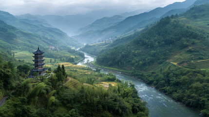 Naklejka premium Pagoda in a lush valley with a river winding through the landscape view