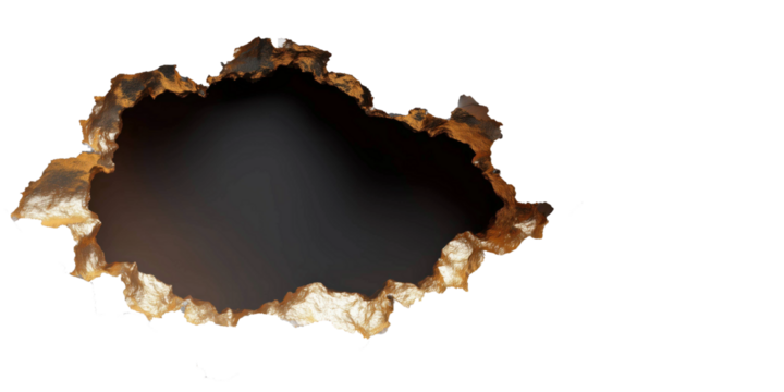 Hole in Surface: A close-up view reveals a jagged, textured hole.