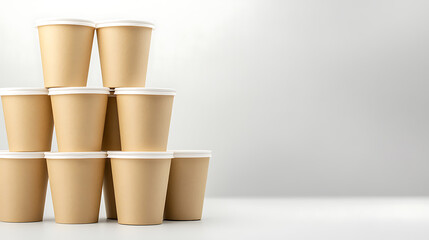 Stack of plain paper cups creates an organized, minimalist tableau. The neutral palette and clean lines offer a sense of order and quiet efficiency. Modern presentation.