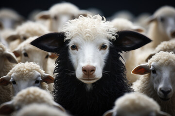 Obraz premium A striking portrait of a sheep with an unusual coloring: the animal, with black wool on its sides and a white face, stands out against a flock of plain white sheep. 