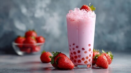 Refreshing Strawberry Drink with Tapioca Pearls and Ice Served in a Clear Glass Against a Blurred Background of Fresh Strawberries