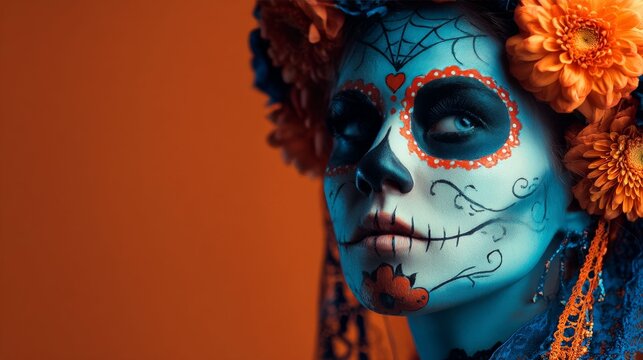 Dia de los Muertos Makeup: A close-up shot of a woman with vibrant, intricate sugar skull makeup, capturing the essence of the Day of the Dead celebration.