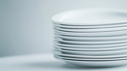 Obraz premium Elegant porcelain plates stacked neatly in a minimalist setting, ready to host culinary creations. Perfect for kitchenware promotions or showcasing dining essentials.