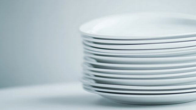 Elegant porcelain plates stacked neatly in a minimalist setting, ready to host culinary creations. Perfect for kitchenware promotions or showcasing dining essentials.