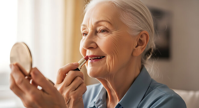 A radiant senior woman smiles contentedly while applying a touch of red lipstick, reflecting her timeless beauty and self-care routine in a sunlit indoor setting, embracing graceful aging with joy