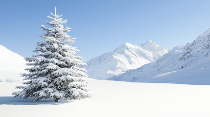 Serene snowy mountain scene featuring snow covered tree against clear blue sky, evoking sense of tranquility and winter beauty