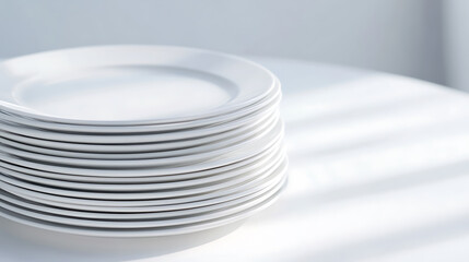 Stack of white dinner plates on white table, simplistic and clean presentation. Ideal for catering or event setup; ready for a meal! Preparation for a party.