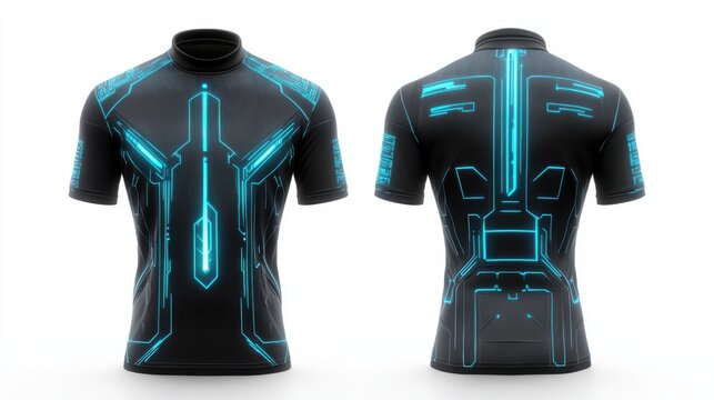 Tron-inspired sports jersey with sleek glowing blue light trails, dark cybernetic elements isolated on a white background