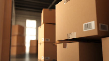 Stacks of cardboard boxes are arranged in a warehouse setting, highlighted by natural light filtering through a distant doorway. The boxes symbolize logistics and storage.