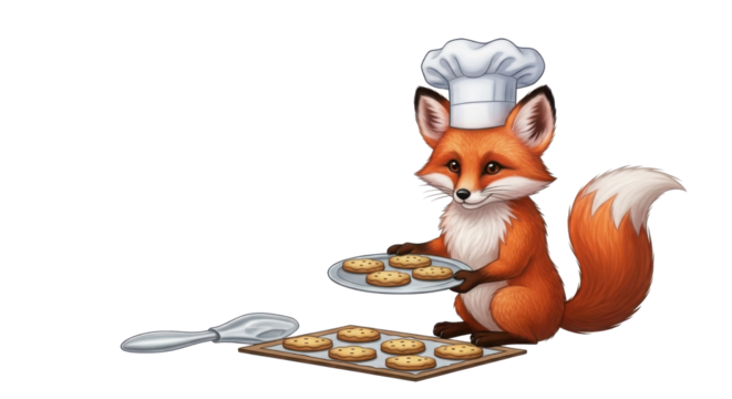 Cartoon fox baking cookies isolated PNG with Transparent Background