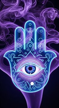 Mystical hamsa hand symbol radiating vibrant purple energy with intricate design elements and spiritual visual narrative