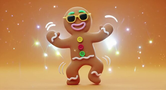 Gingerbread man dances happily with colorful buttons and cool sunglasses celebrating fun holidays in a cheerful animated style
