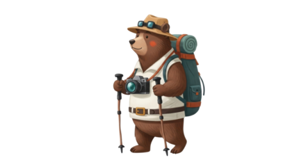 Cartoon bear explorer with camera and hiking gear isolated PNG with Transparent Background