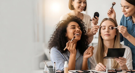 Joyful multi-ethnic young women laughing together while applying makeup, celebrating friendship and shared beauty rituals at home