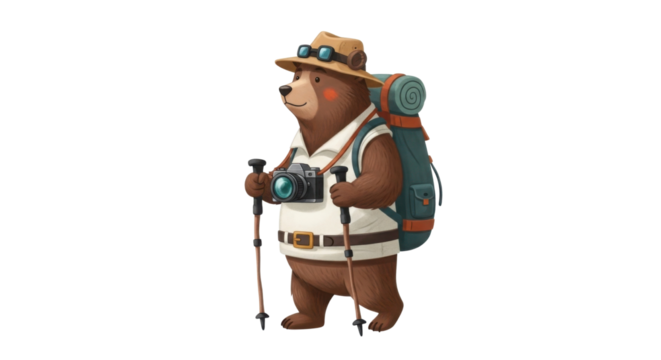 Cartoon bear explorer with camera and hiking gear isolated PNG with Transparent Background