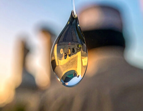 Architectural Reflection: A Single Water Drop with an Inverted Building View