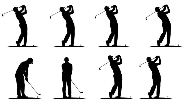 Golf swing sequence silhouette showing the motion of a golfer isolated on white background