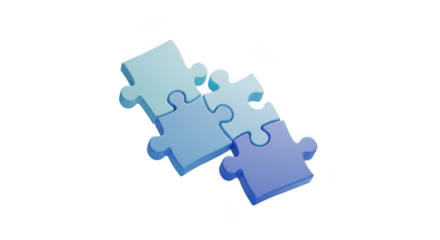 Blue puzzle pieces connecting together isolated on transparent background for teamwork concept