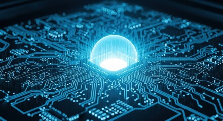 Glowing blue fingerprint embedded in futuristic circuit board