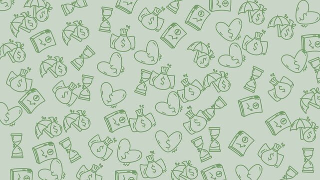 Seamless Pattern with Money Time and Love Doodle Icons in Green Line Art
