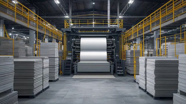 Industrial paper manufacturing machine operating inside modern factory with stacked sheets and metallic structures under artificial lighting