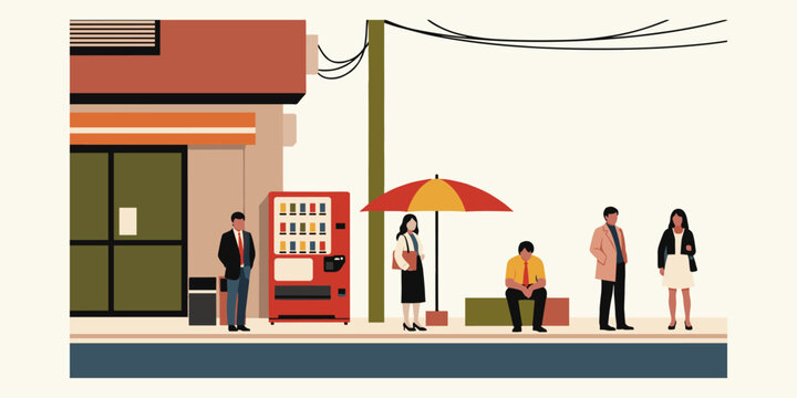 Urban Waiting Scene Commuters at a Bus Stop with Vending Machine